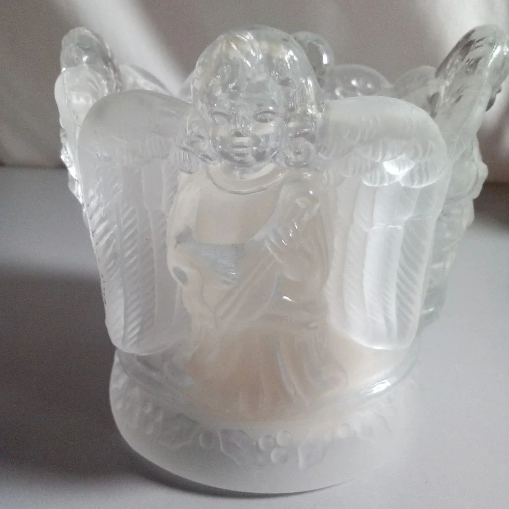 Frosted Glass Musical Angel Votive Candle Holder Cherub Relief 4.5 Inch